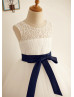 Ivory Lace Tulle Keyhole Back Handkerchief Hem Flower Girl Dress 